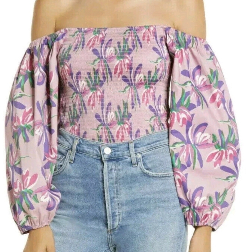 SZ S Wayf Mauve Floral Off-Shoulder Puff Sleeve Top